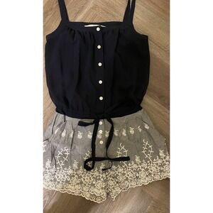 Rachel Roy Romper Womens 0 Navy Blouson‎ Embroidered Boho Chambray Shorts Resort